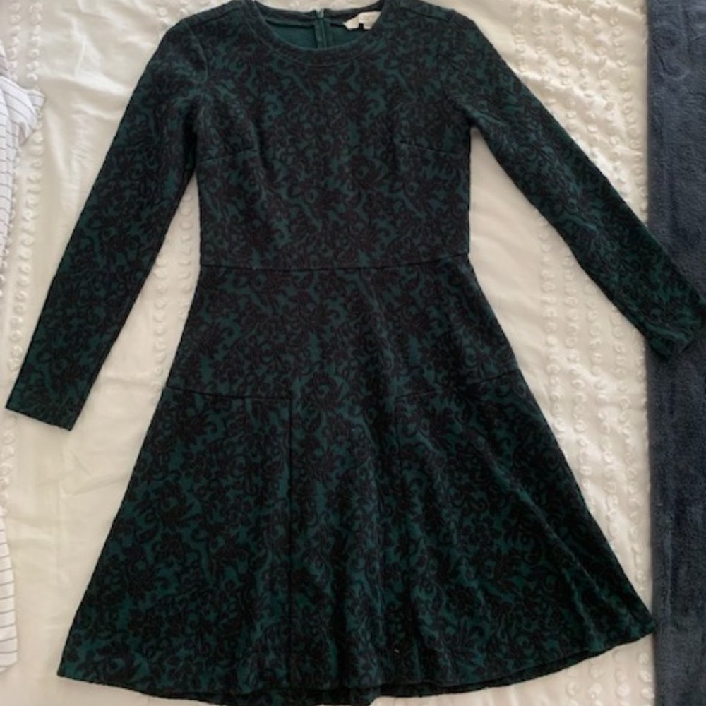 Loft Long Sleeve Printed Green & Black Mini Dress, Size OP